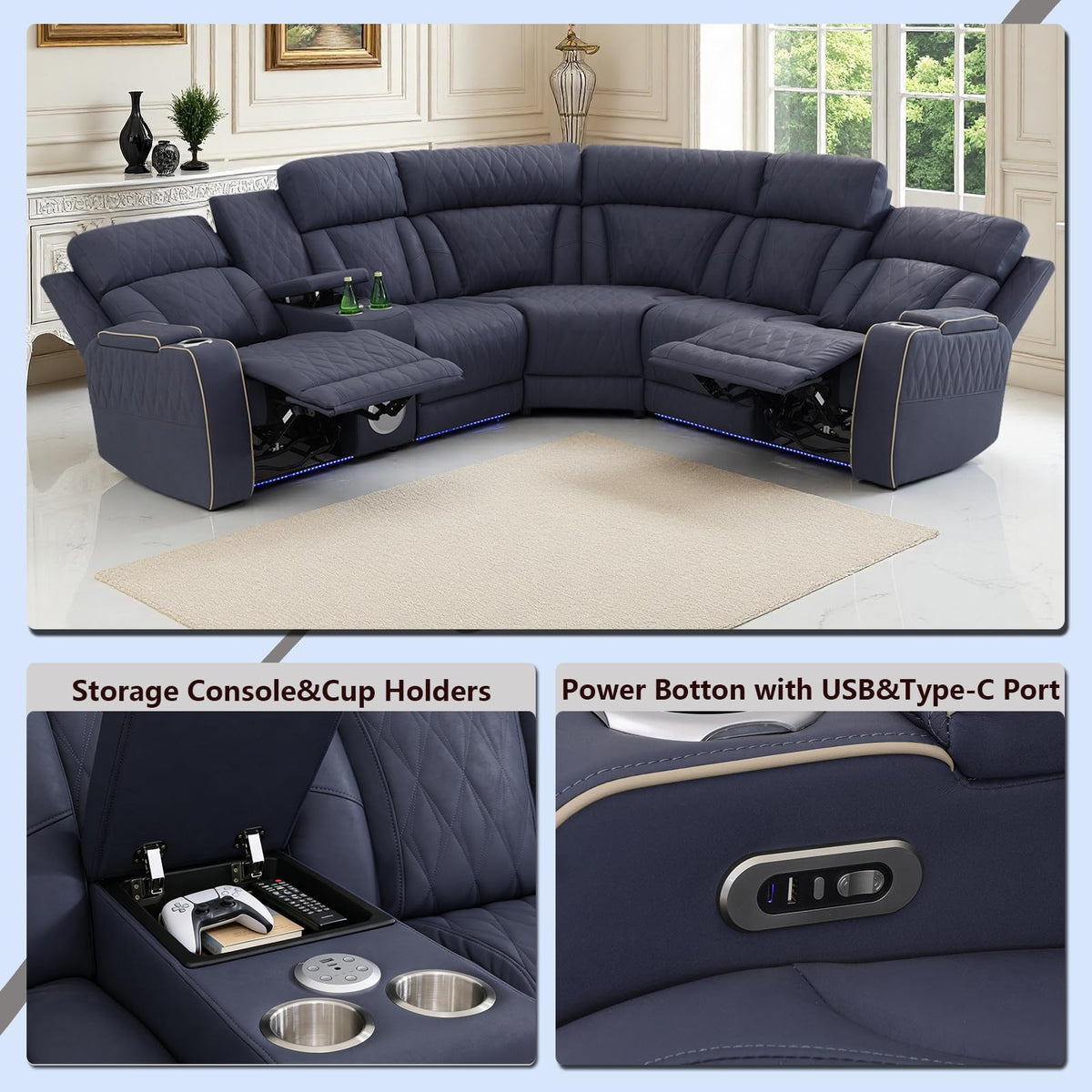 Power Recliner Sectional Sofa Set with Bass Speaker