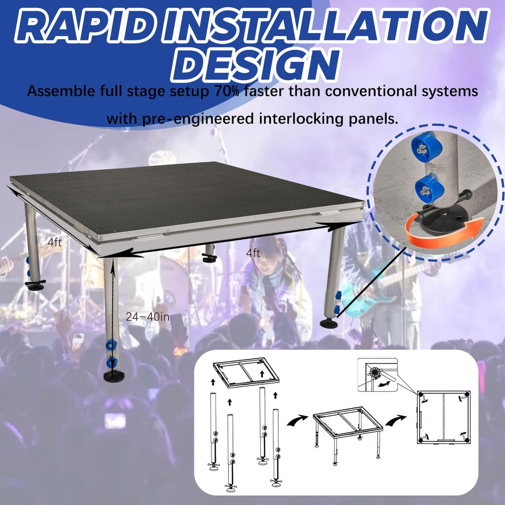 4 X 4 Portable Stage Platform Modular System with Height Adjustable Riser (24" - 39")