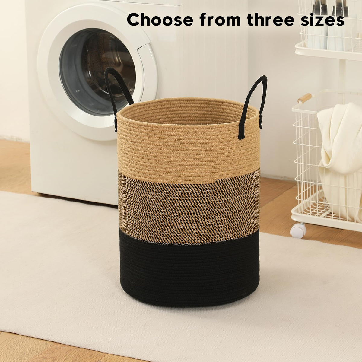 Basket Hamper Tall Rope Storage Woven for Blanket toys Dirty Clothes Bathroom Bedroom (Jute Brown & Black