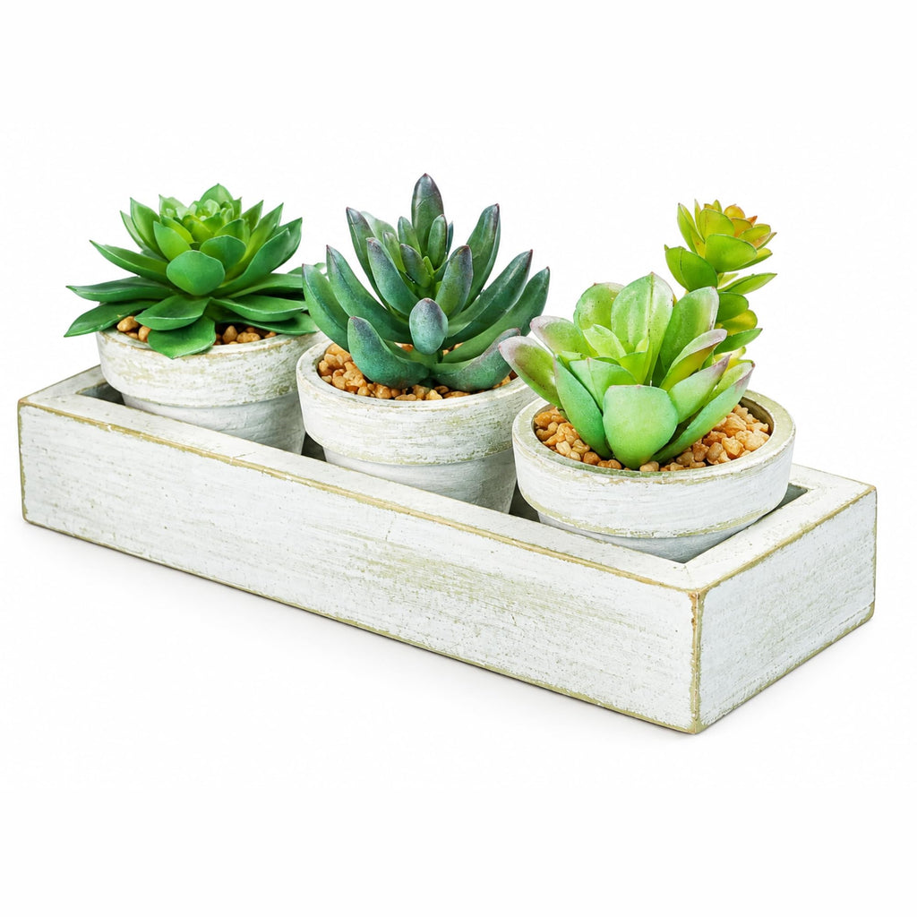 3 Pack Mini Artificial Succulent Plants with Wooden Tray