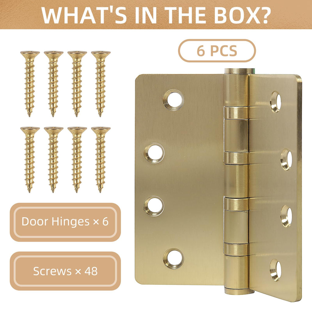 6 Pack Gold Ball Bearing Door Hinges, 4.0 x 4.0 Inches Heavy-Duty Stainless Steel Door Hinges for Exterior & Interior