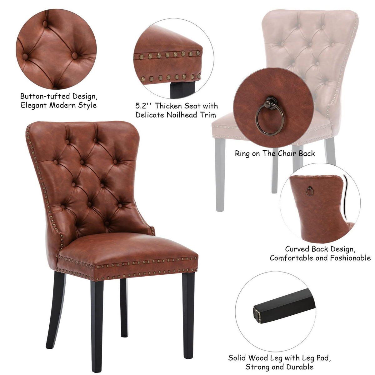 Brown Leather Dining Chairs Set of 2 Mid Century Modern Dining Room Chairs Tufted Upholstered Kitchen Dining Chairs