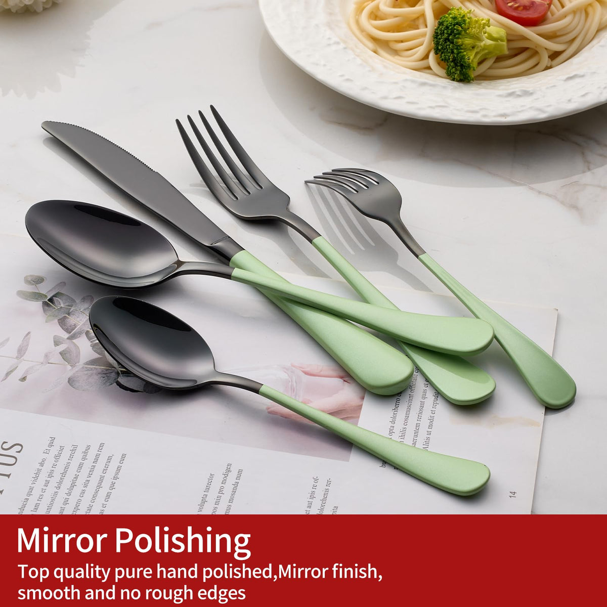 20-Pieces Green and Black Silverware Sets for 4,Green Handle Stainless Steel Cutlery Set, Include Forks Spoons and