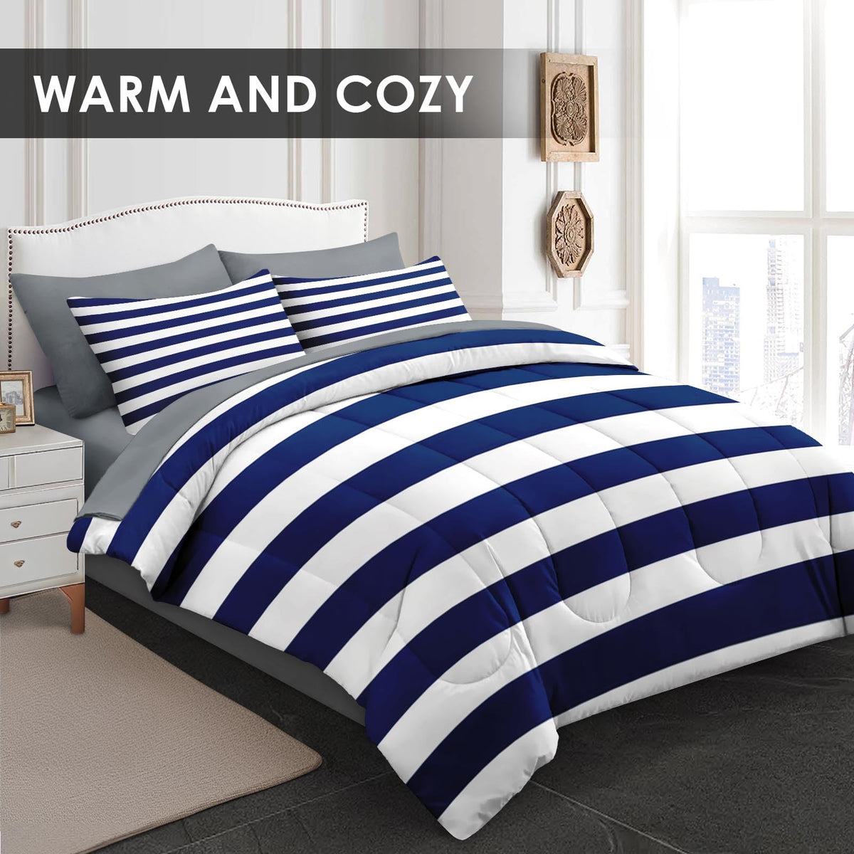 7 Pcs Comforter Set, Striped Navy Bedding