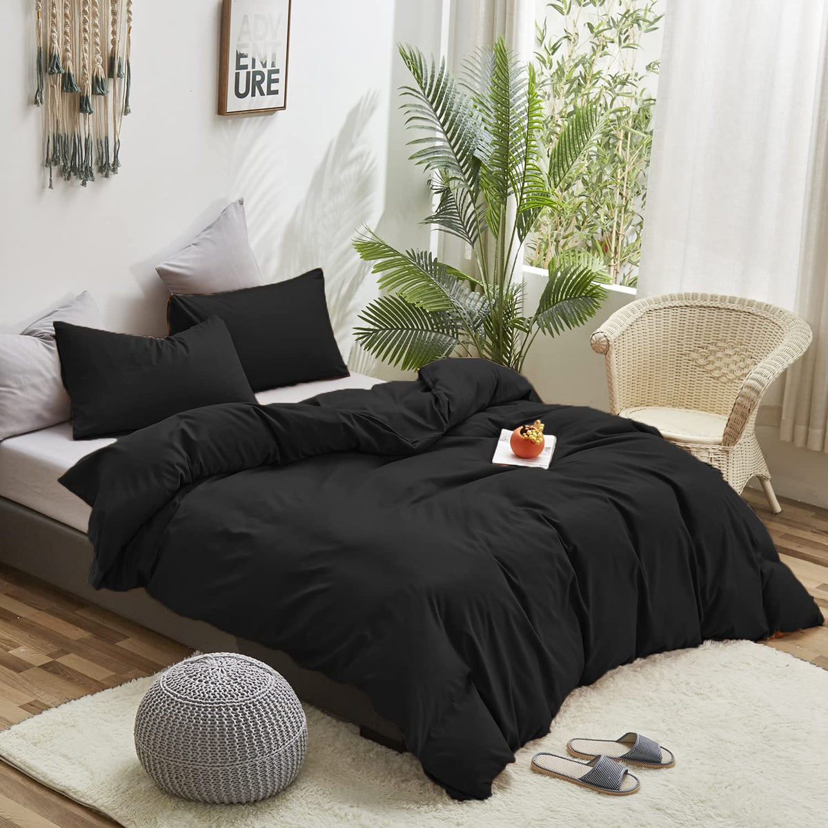 Black Comforters Set Women Men Solid Black Bedding Set Soft Breathable Lightweight Durable