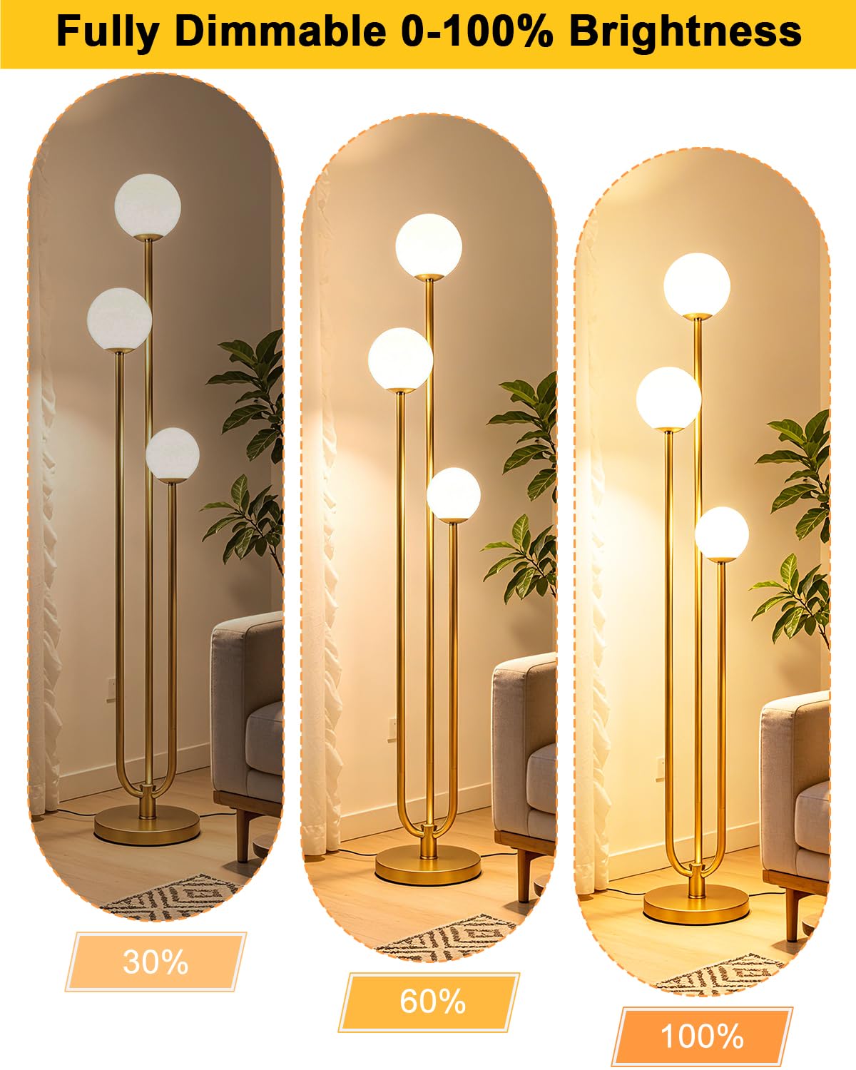 63IN 3-Light Dimmable Floor Lamp, Unique Gold Tall Standing Lamps with 3000K G9 Bulbs for Reading, Mid Century Modern