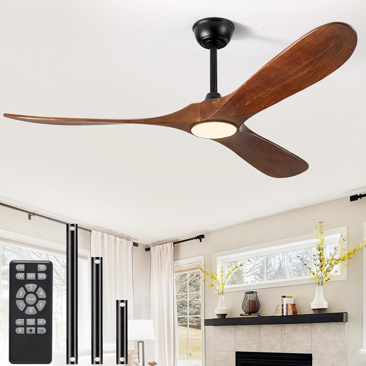 52" Wood Outdoor Ceiling Fan with Light & Remote