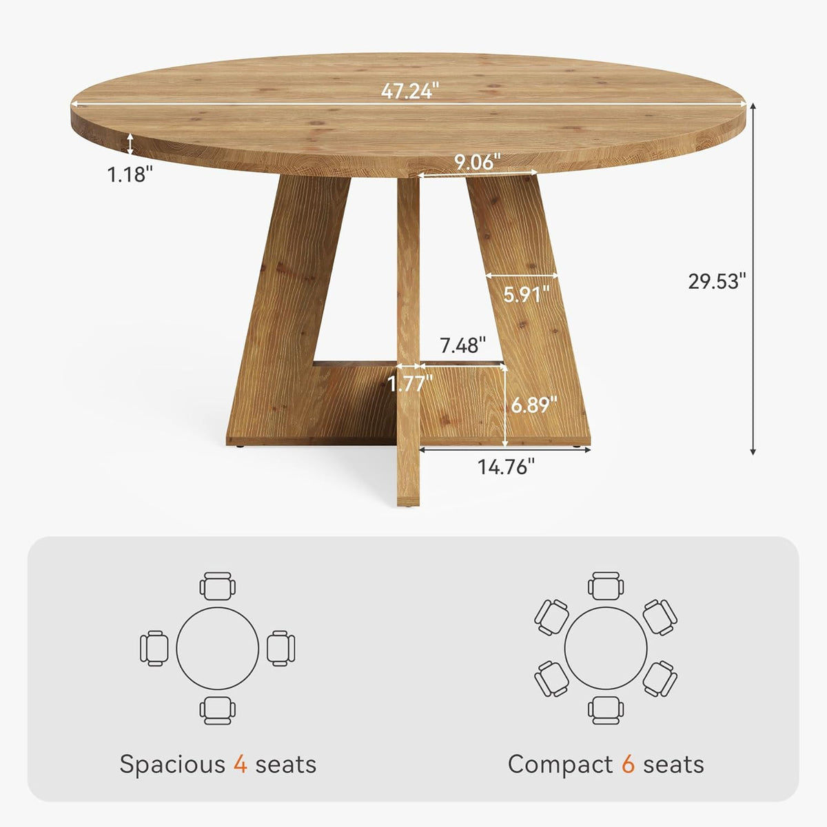 Solid Wood Round Dining Table, 47" Farmhouse Kitchen Table for 4-6, Wooden Circle Dinner Table for Dining Room