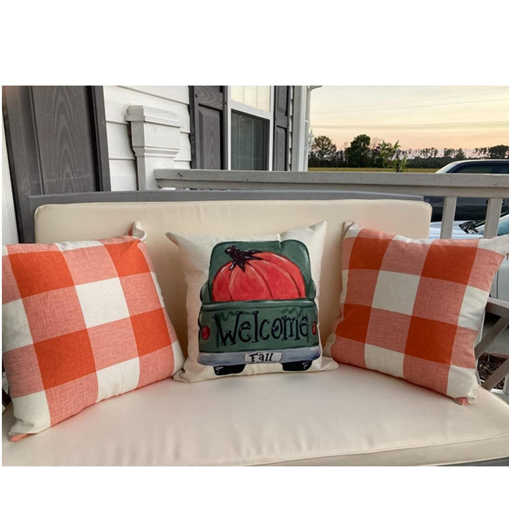 Outdoor Fall Throw Pillow Covers 22x22 Set of 2 Orange Buffalo Plaid