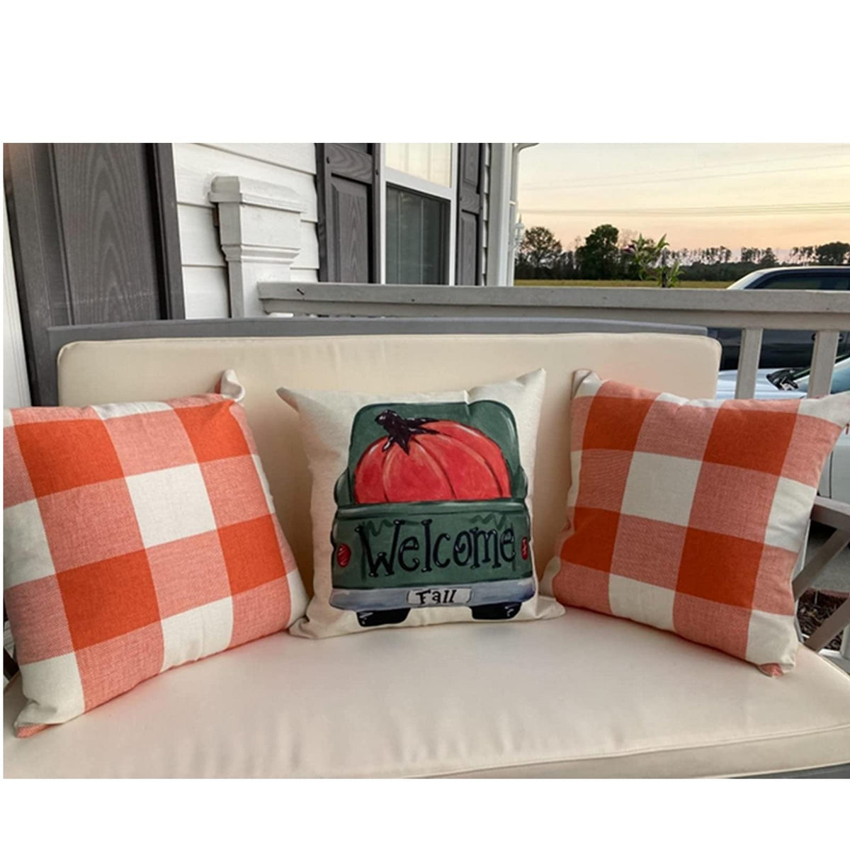 Outdoor Fall Throw Pillow Covers 22x22 Set of 2 Orange Buffalo Plaid