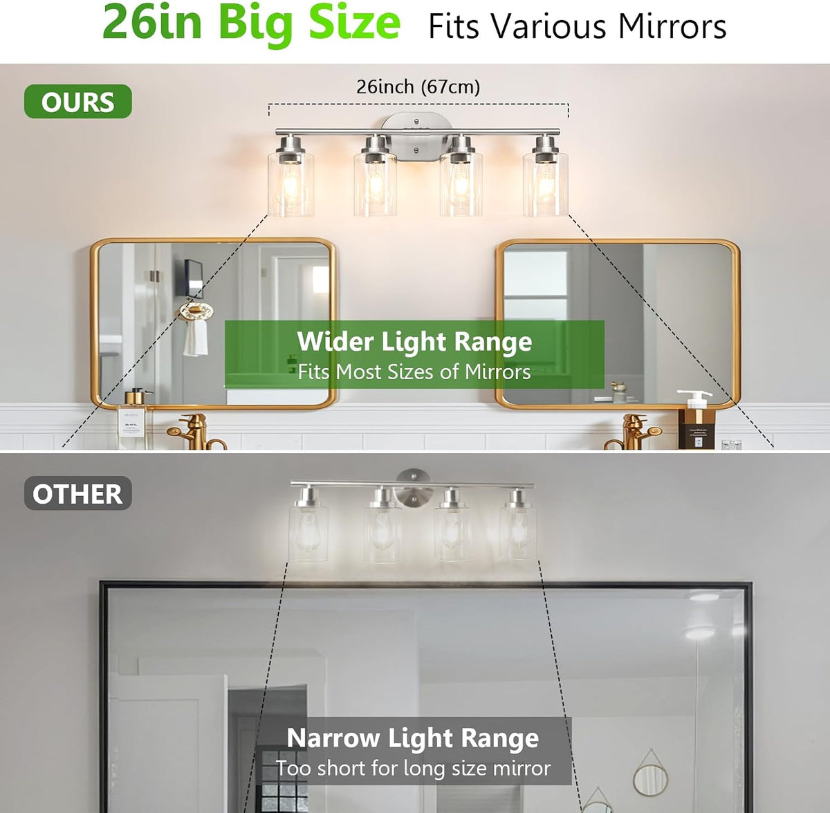 4-Light Bathroom Light Fixtures, Modern Vanity Lights with Clear Glass Shade, Brushed Nickel Wall Lamp Mirror Hallway