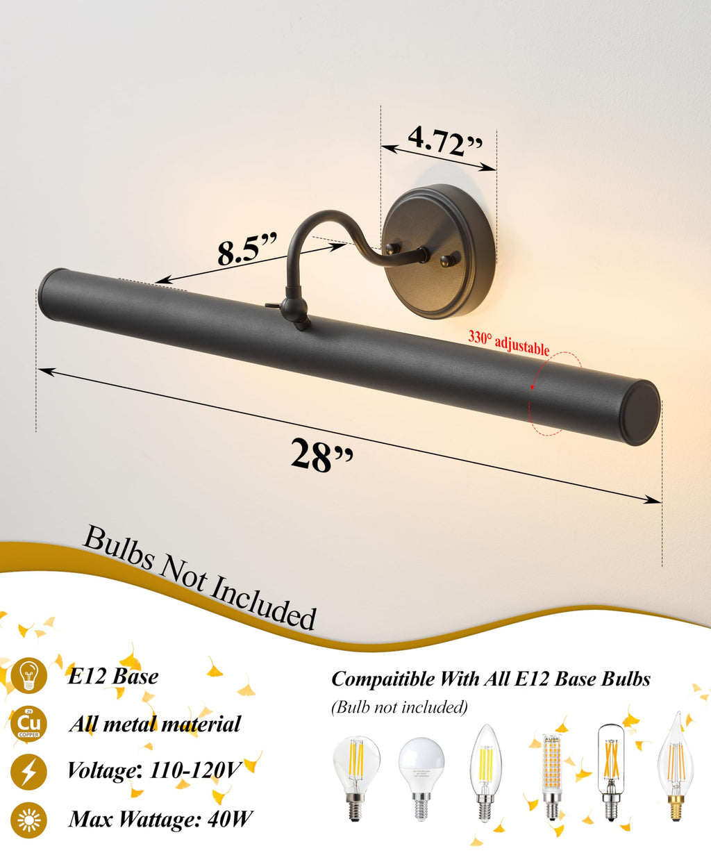 Hardwired Picture Lights for Wall,28 Inch Black Vintage Picture Sconce,E12 Base,330° Rotatable,4-Light Gallery Art