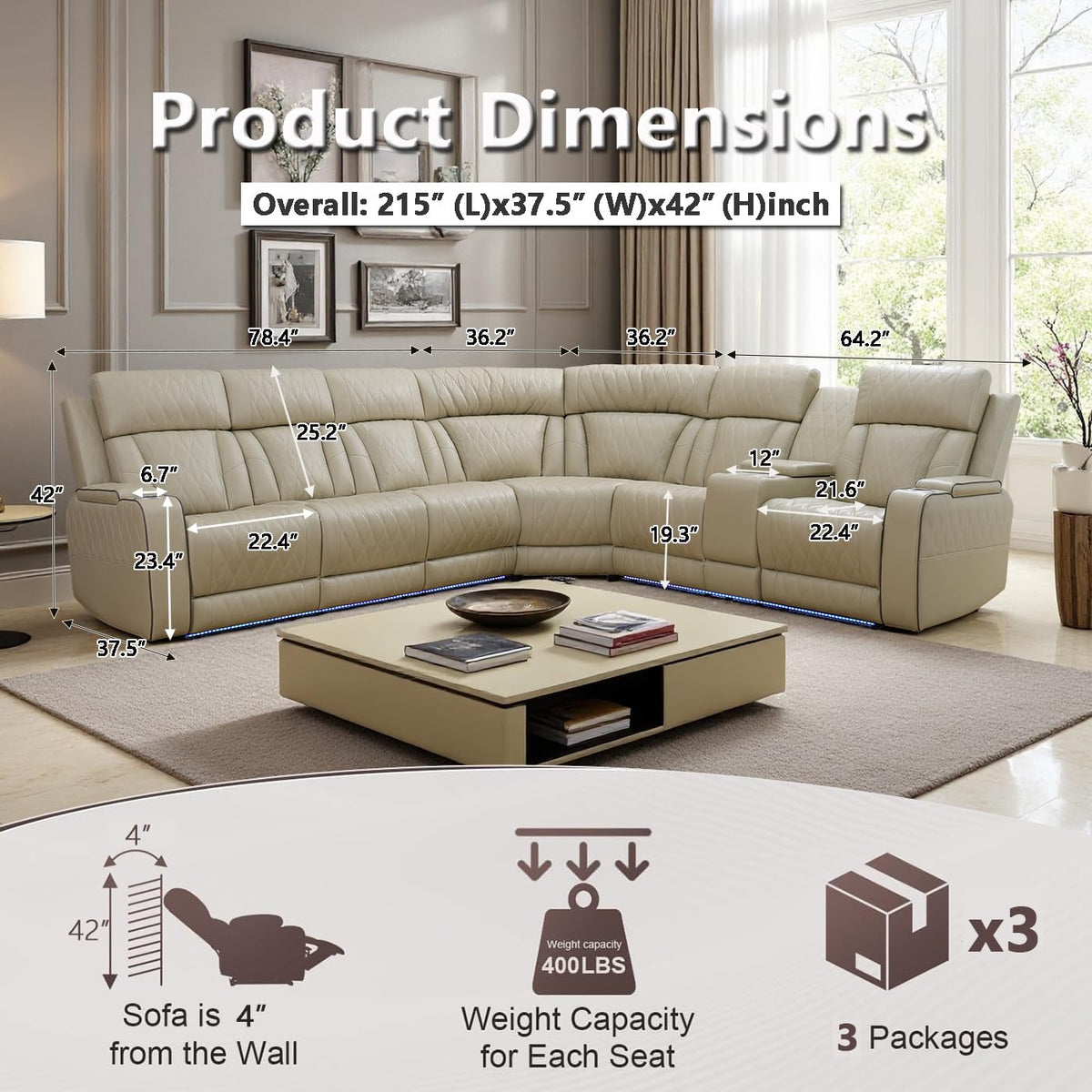 Living Room Furniture Sets, Power Recliner Sectional Sofa with LED Light