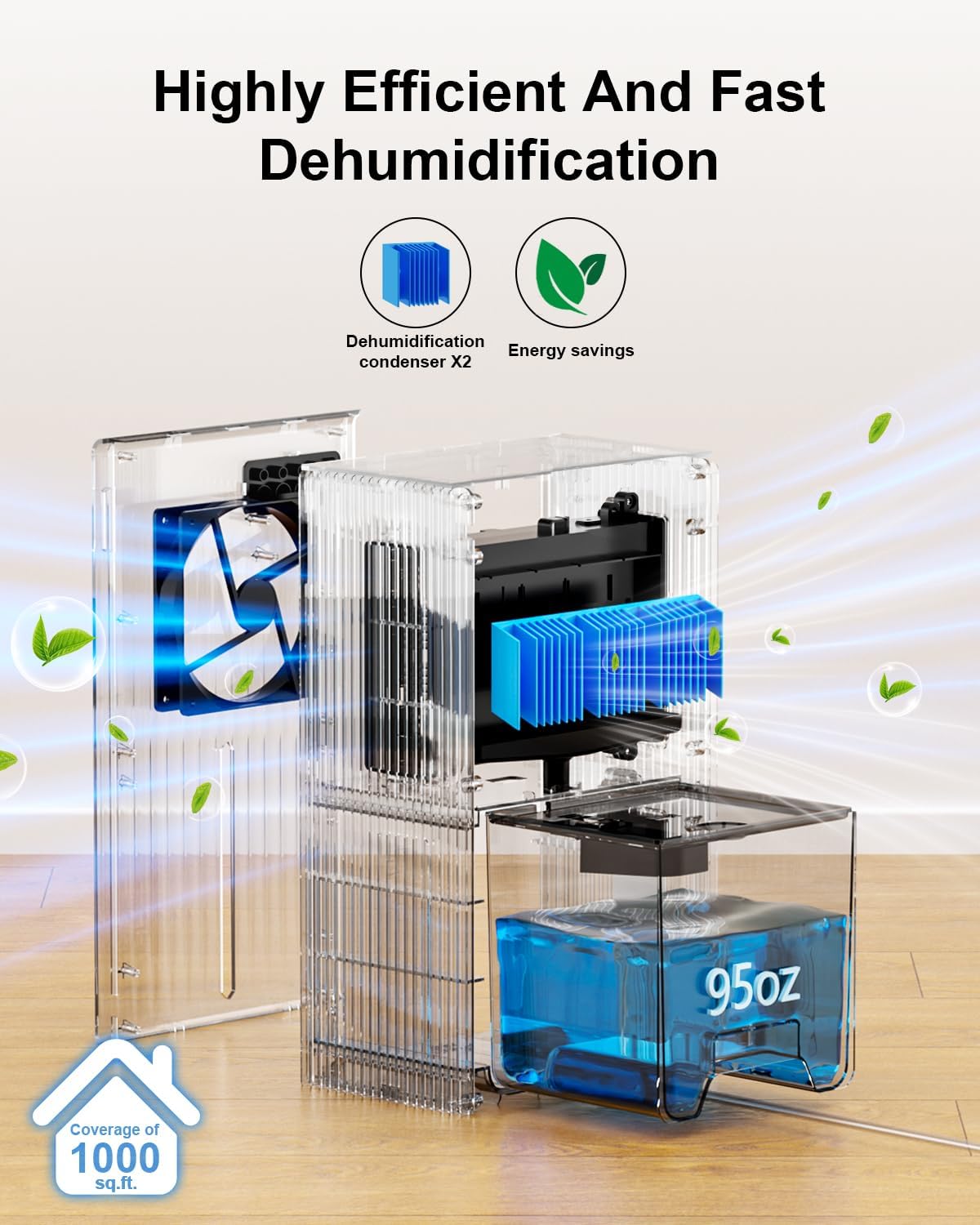 Dehumidifier for Home, 95 OZ Water Tank, (1000 sq.ft) Dehumidifiers for Bathroom Bedroom Basement RV with Drain Hose