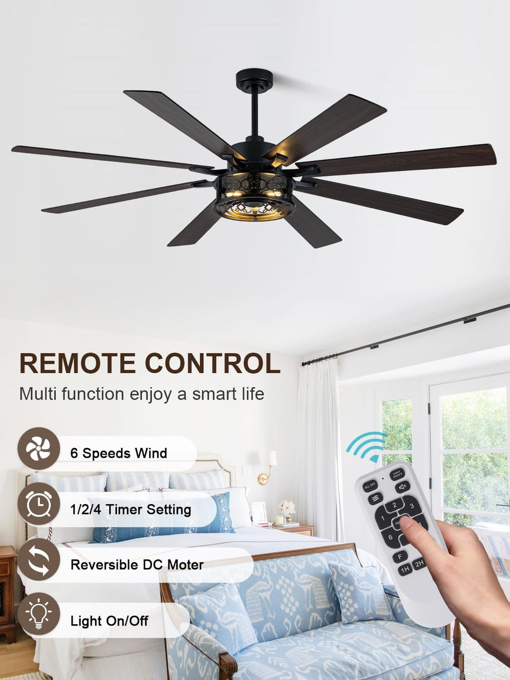 72" Black Caged Chandelier Ceiling Fan with Light & Remote
