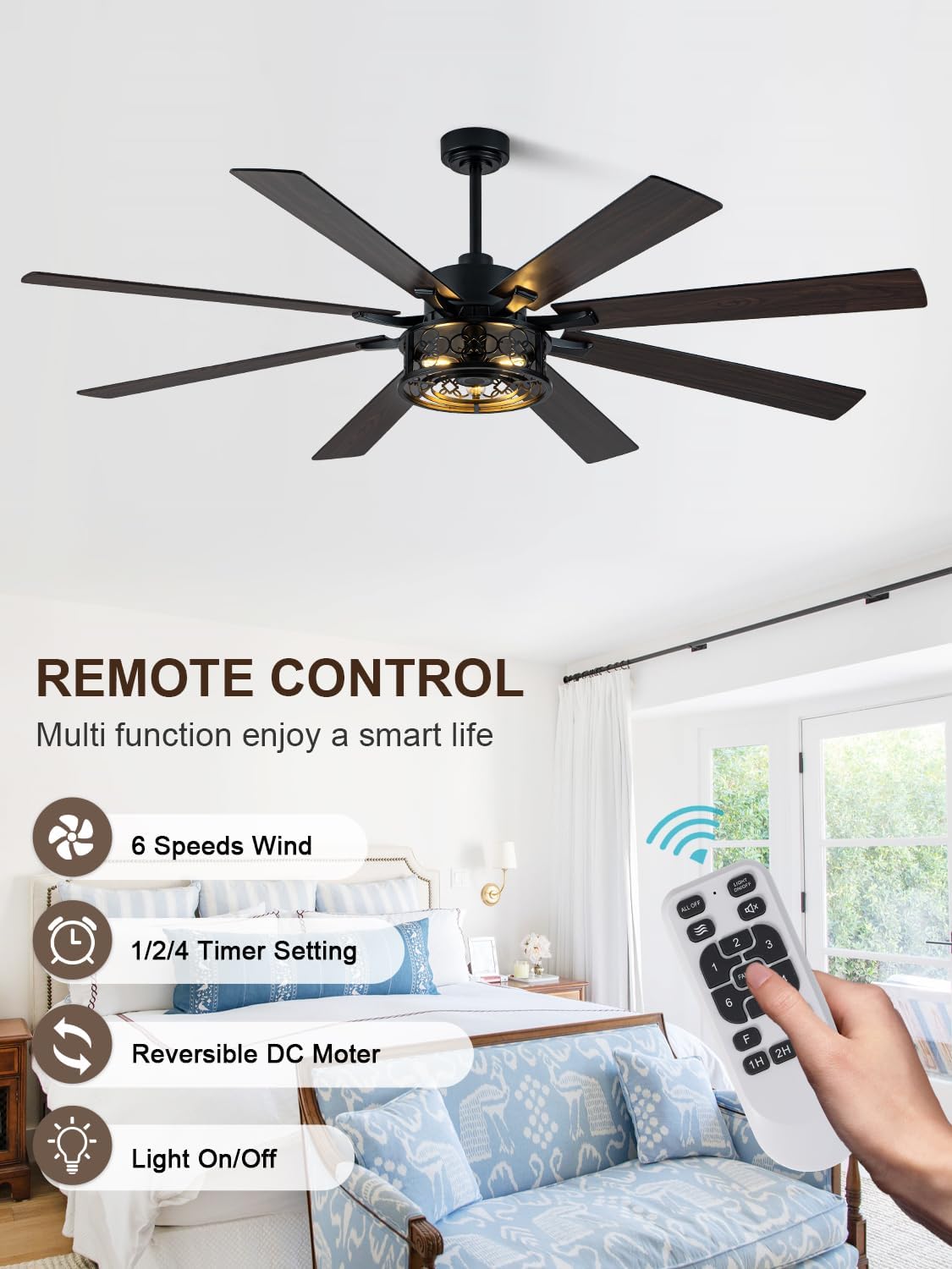 72 Inch Farmhouse Ceiling Fan with Lights and Remote Large Rustic Ceiling Fan Black Caged Fandelier Industrial
