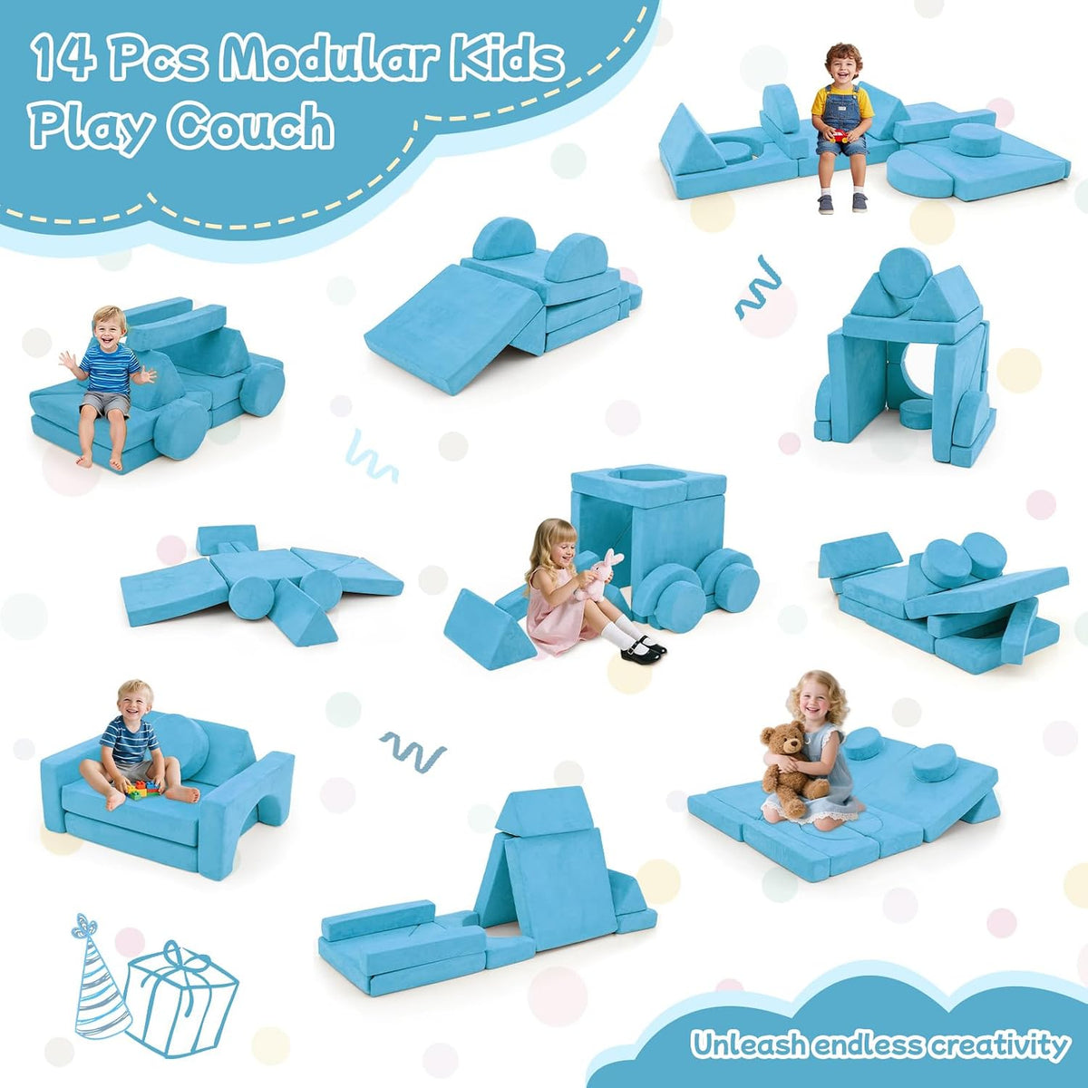 Modular Kids Play Couch, 14 PCS Convertible Foam Children Floor Sofa, Playroom Bedroom Nursery Furniture