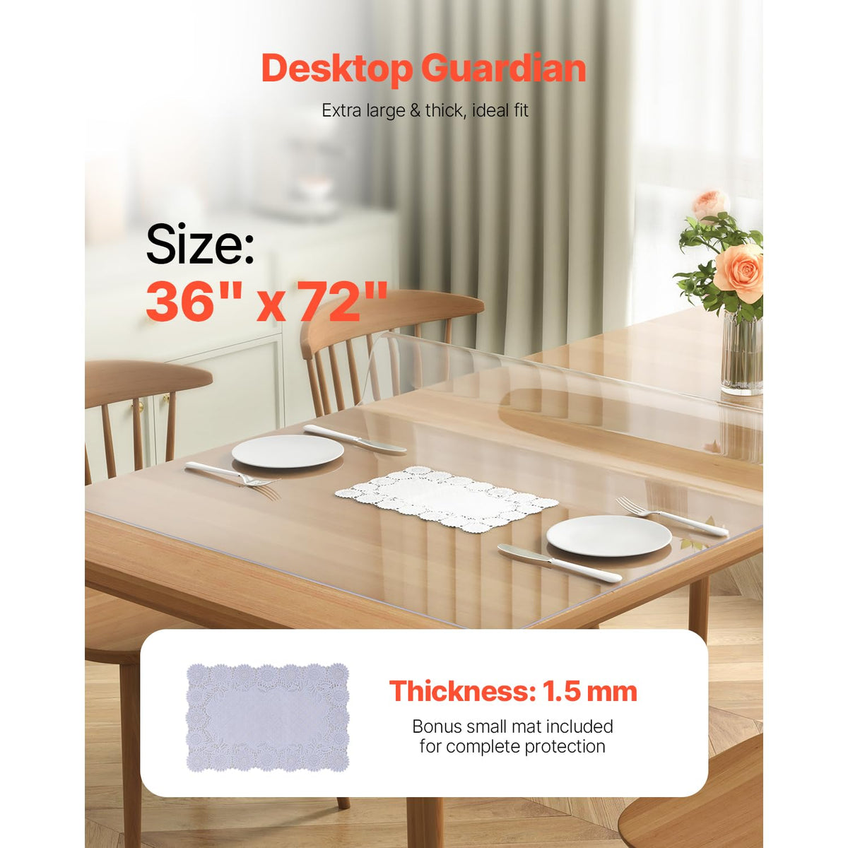 Clear Table Cover Protector, 1.5mm Thick 36 x 72 in PVC Plastic Tablecloth, Waterproof & Oil Spill Proof