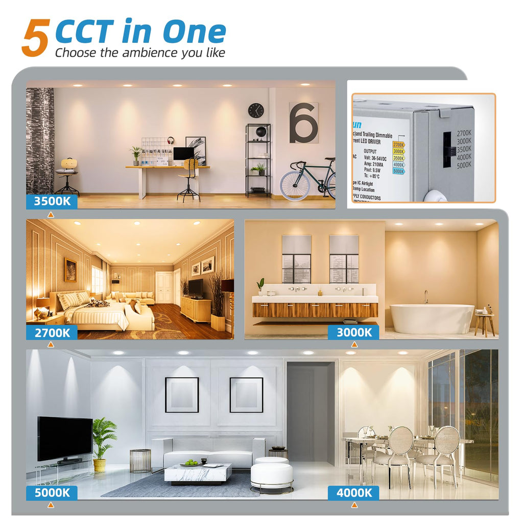 12 Pack 4 inch Recessed Lighting, 5CCT, 9.5W Eqv 80W