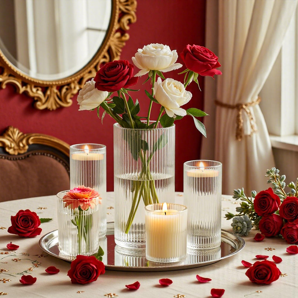 6 Pack Ribbed Glass Cylinder Vases 4, 6, 10 Inch Tall Clear Flower Vase Hurricane Floating Candle Holder for Table