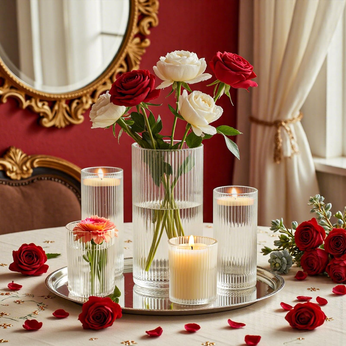6 Pack Ribbed Glass Cylinder Vases 4, 6, 10 Inch Tall Clear Flower Vase Hurricane Floating Candle Holder for Table