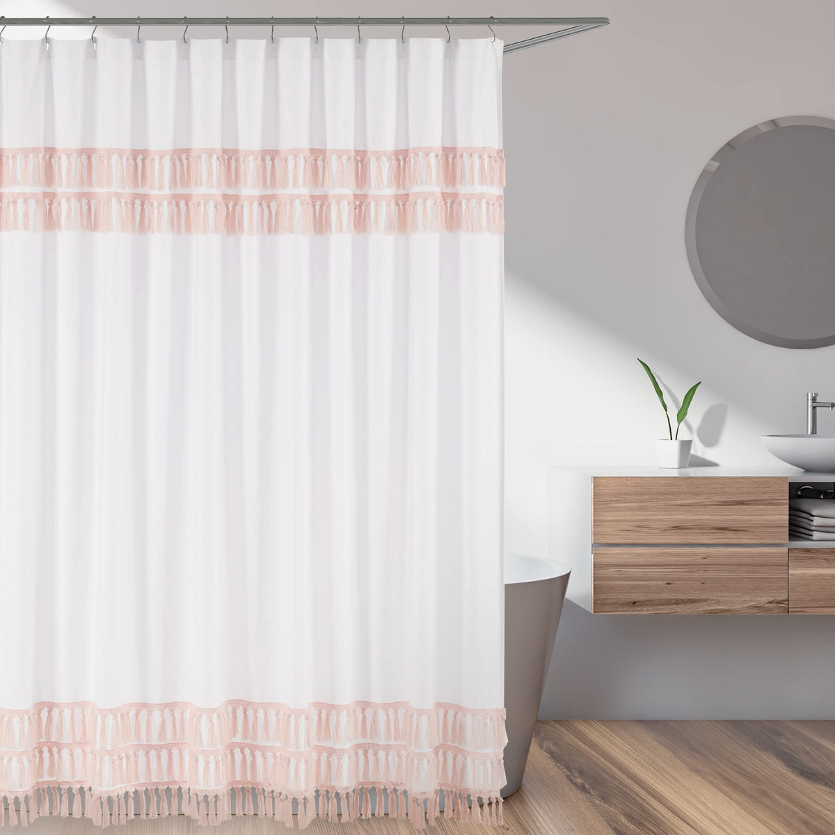 Boho Bohemian Bathroom Fabric Bath Shower Curtain - Blush Pink and White Farmhouse Shabby Chic Designer Modern