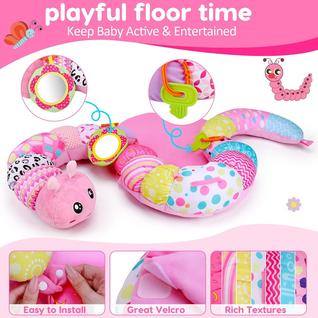 2 in 1 Baby Tummy Time Mat & Support Seated Pillow Infant Newborn Toys 0 1 2 3 4 5 6 Months Pink Caterpillar Sensory