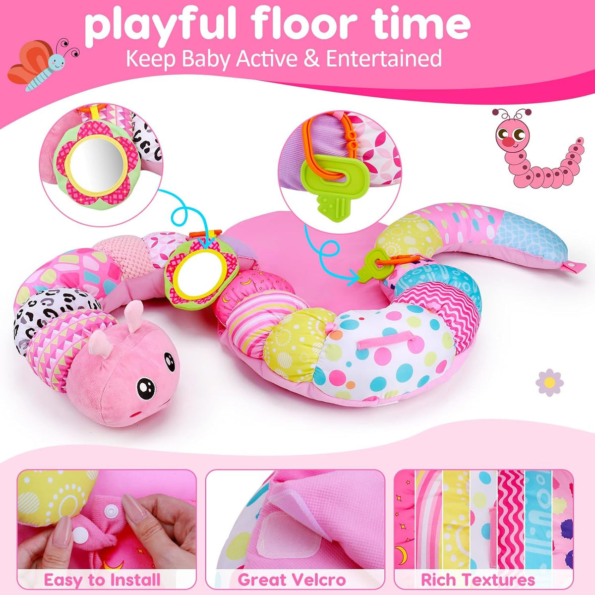 2 in 1 Baby Tummy Time Mat & Support Seated Pillow Infant Newborn Toys 0 1 2 3 4 5 6 Months Pink Caterpillar Sensory