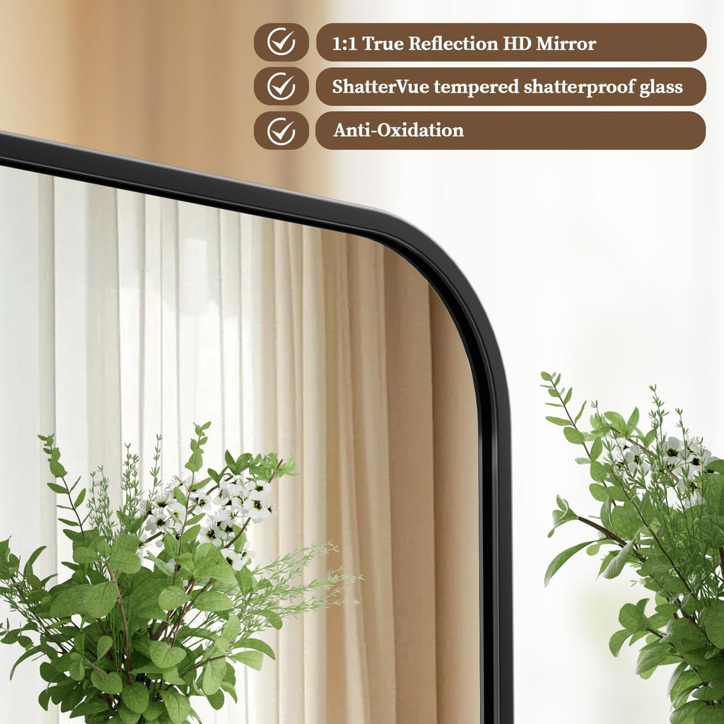 24" x 36" Rectangular Aluminum Alloy Frame Wall Mounted Bathroom Mirror with Rounded Corners, Black