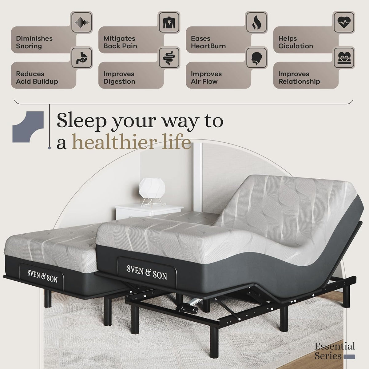 Essential Adjustable Bed Base (Frame) + 14 inch Hybrid Spring Matt (Medium Soft), Easy Assembly, Head and Foot Lift