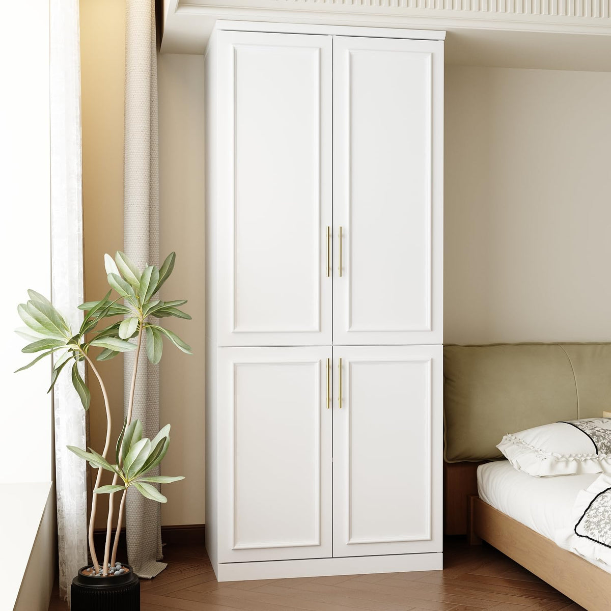 Wardrobe Closet with 4 Doors, Modern White Bedroom Armoire