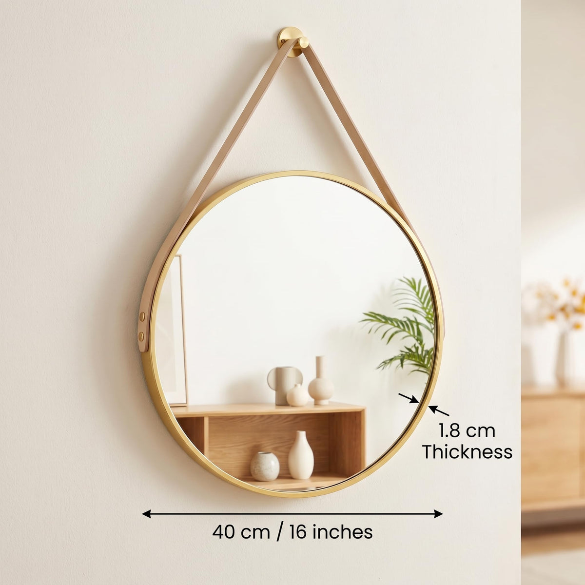 16" Gold Round Mirror, Circle Wall Mirror with Leather Strap