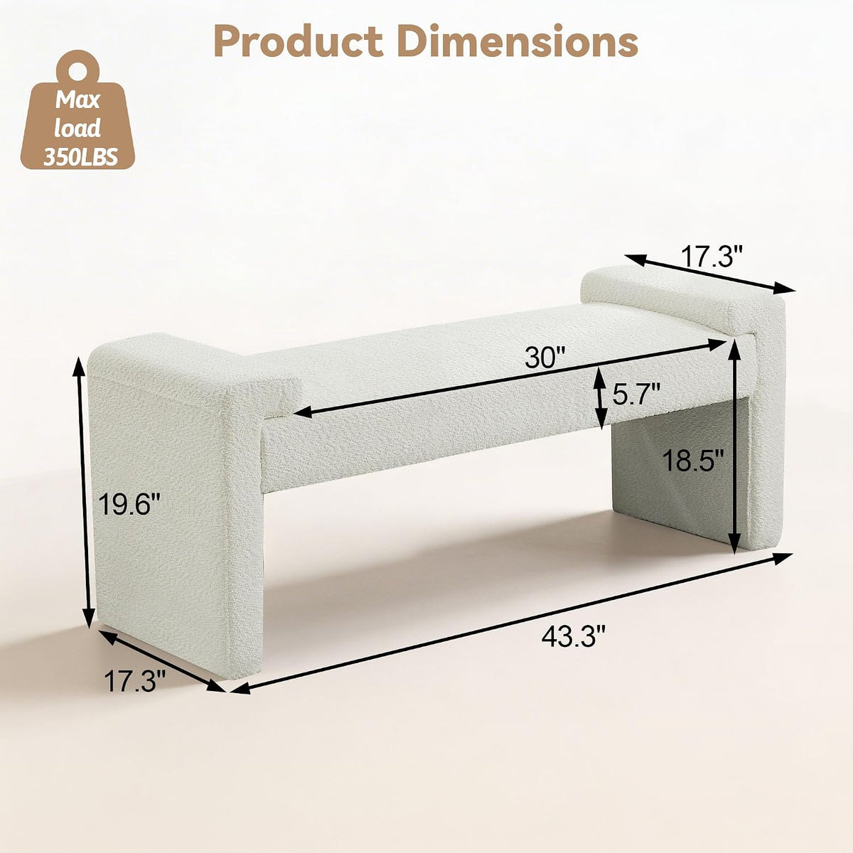 Upholstered Entryway Bench, 43" Modern Bedroom Bench, White | Sherpa Fleece, Curved Armrests, Solid Wood Frame, End