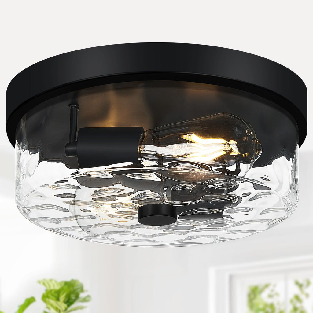 Flush Mount Ceiling Light Fixtures, 2-Light Black Ceiling Mount for Farmhouse with Water Ripple Glass Lampshade