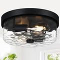 Flush Mount Ceiling Light Fixtures, 2-Light Black Ceiling Mount for Farmhouse with Water Ripple Glass Lampshade
