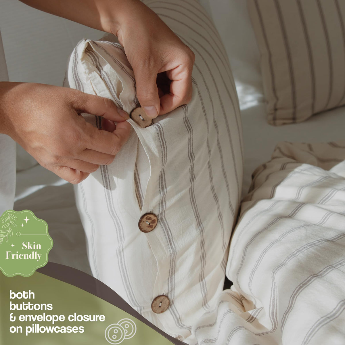 Duvet Cover Set, 100% Turkish Cotton Beige Stripe