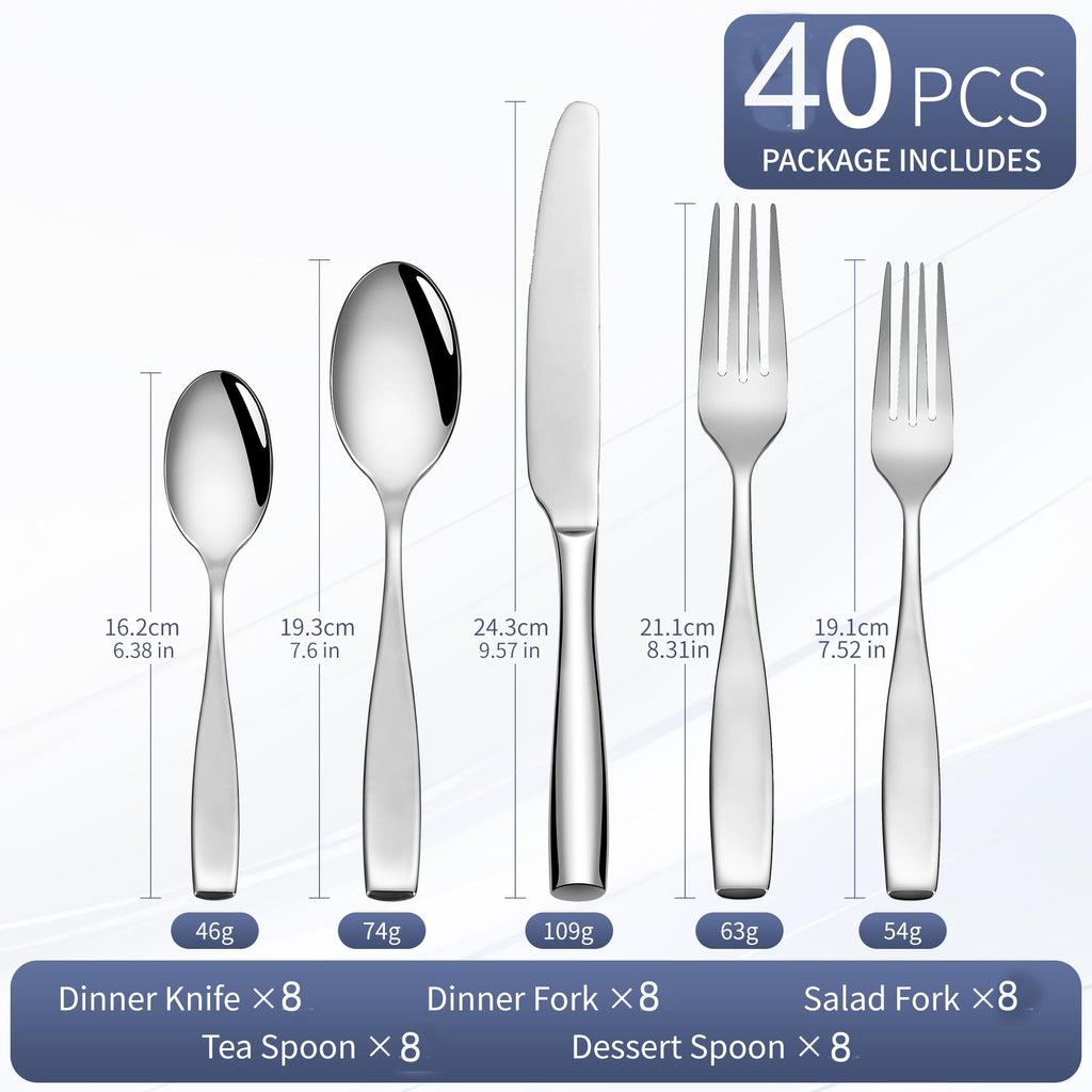 40 Piece 18/10 Stainless Steel Silverware for 8, Heavy Duty Flatware Set