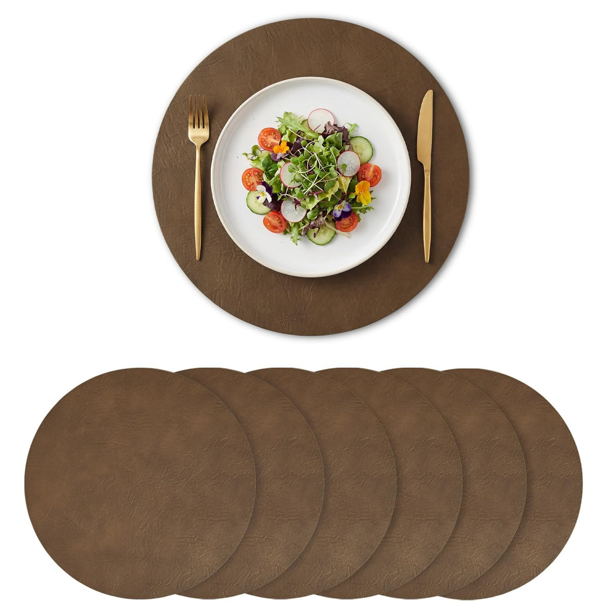 Brown Faux Leather Placemats Set of 6, 15 Inch Waterproof Wipeable Heat Resistant Vinyl Place Mats, Reversible Table