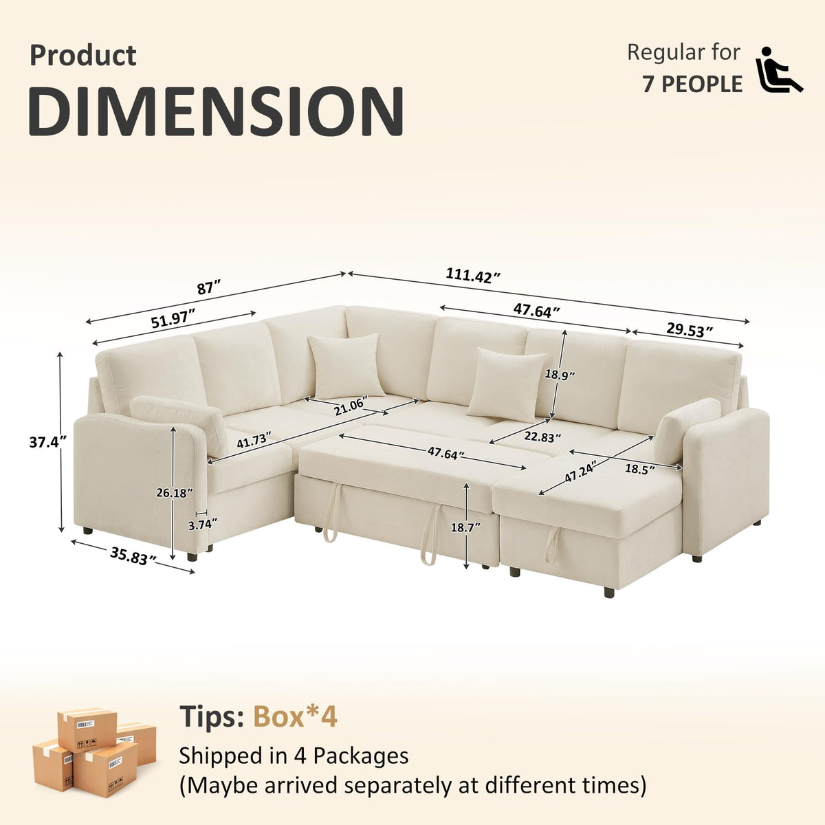 7 Seater 112'' Sectional Sleeper Sofa with Storage, Chenille Beige