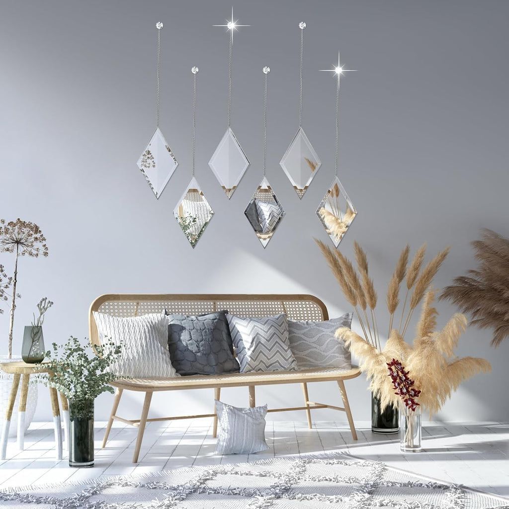 Diamond Wall Mirror Set of 6 Pcs, Silver Wall Decor Mirrors Small Glass Decor Wall Mirrors Decoration