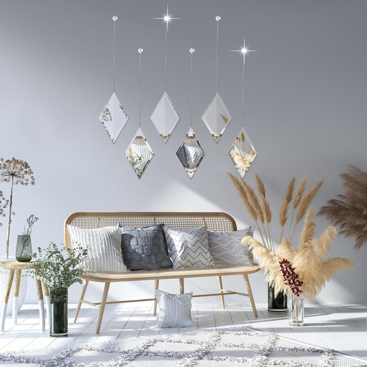 Diamond Wall Mirror Set of 6 Pcs, Silver Wall Decor Mirrors Small Glass Decor Wall Mirrors Decoration