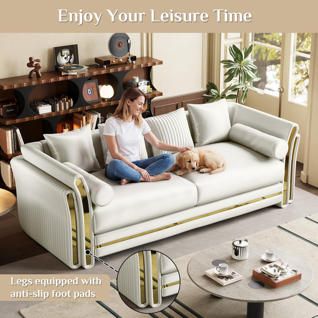 86.7" Chesterfield Sofa Luxury White and Gold Couch, White
