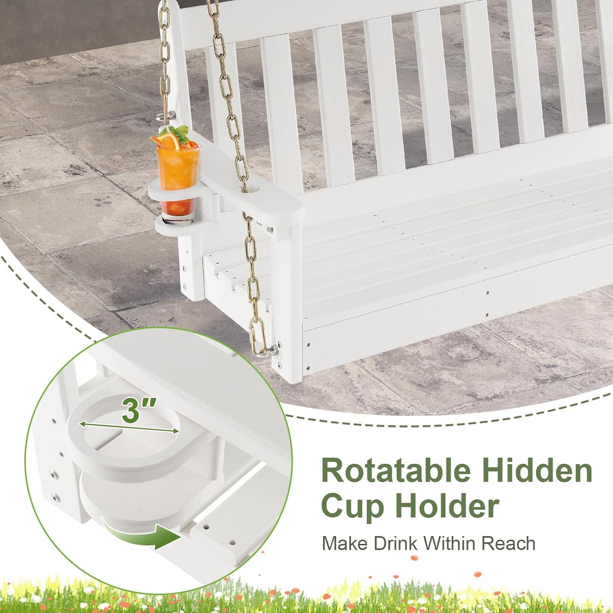 2 Person Hanging Porch Swing, Outdoor Bench Swing with Adjustable Chains, Hidden Cup Holder, HDPE Tree Swing Chair