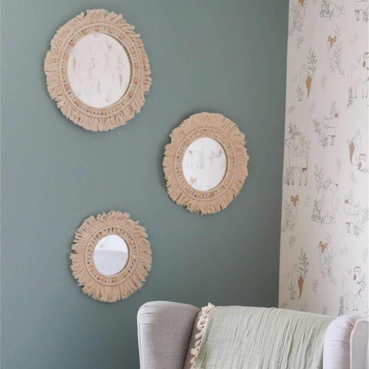 Willow 3-Piece Mirror Macrame Wall Hangings - Handcrafted, Decorative Nursery Accessory