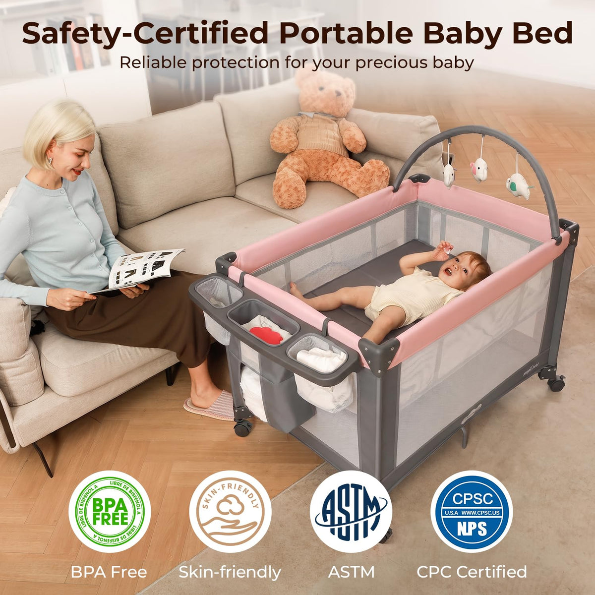 Play Yard - Travel Crib with Mattress, Easy Setup Small Portable Playpen for Babies, Lightweight Foldable Baby