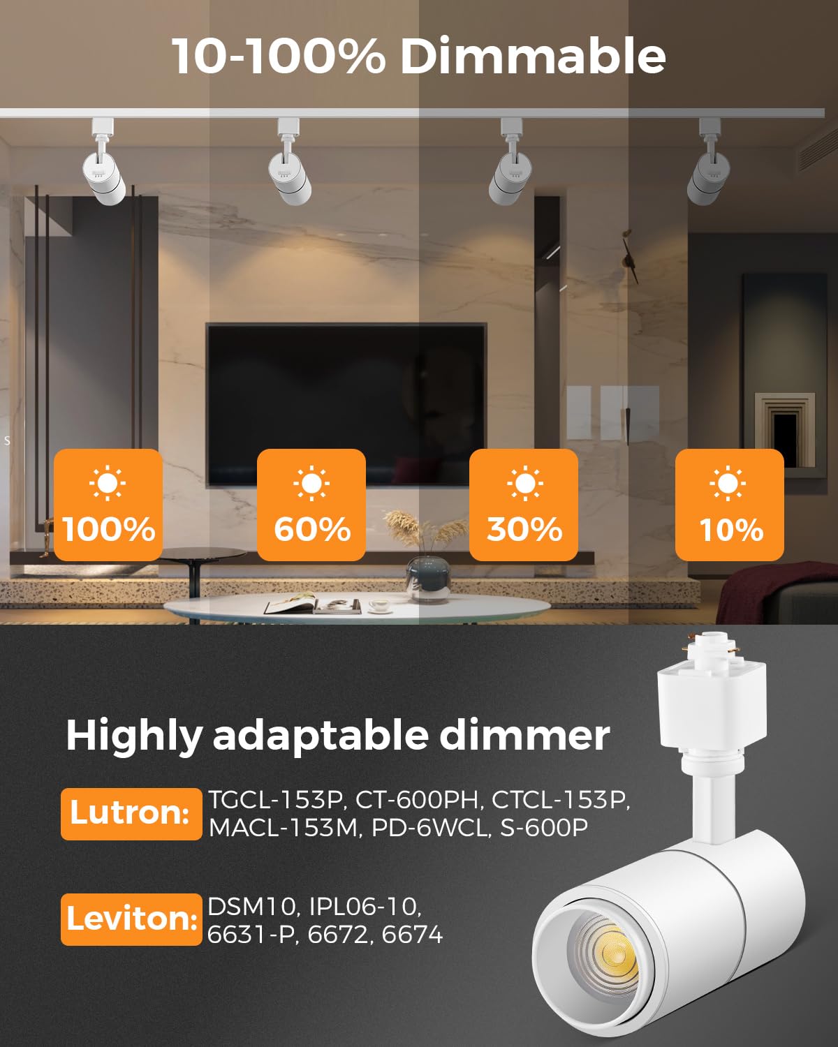 Zoomable 10W LED Track Lighting Heads H Type, White 4 Pack