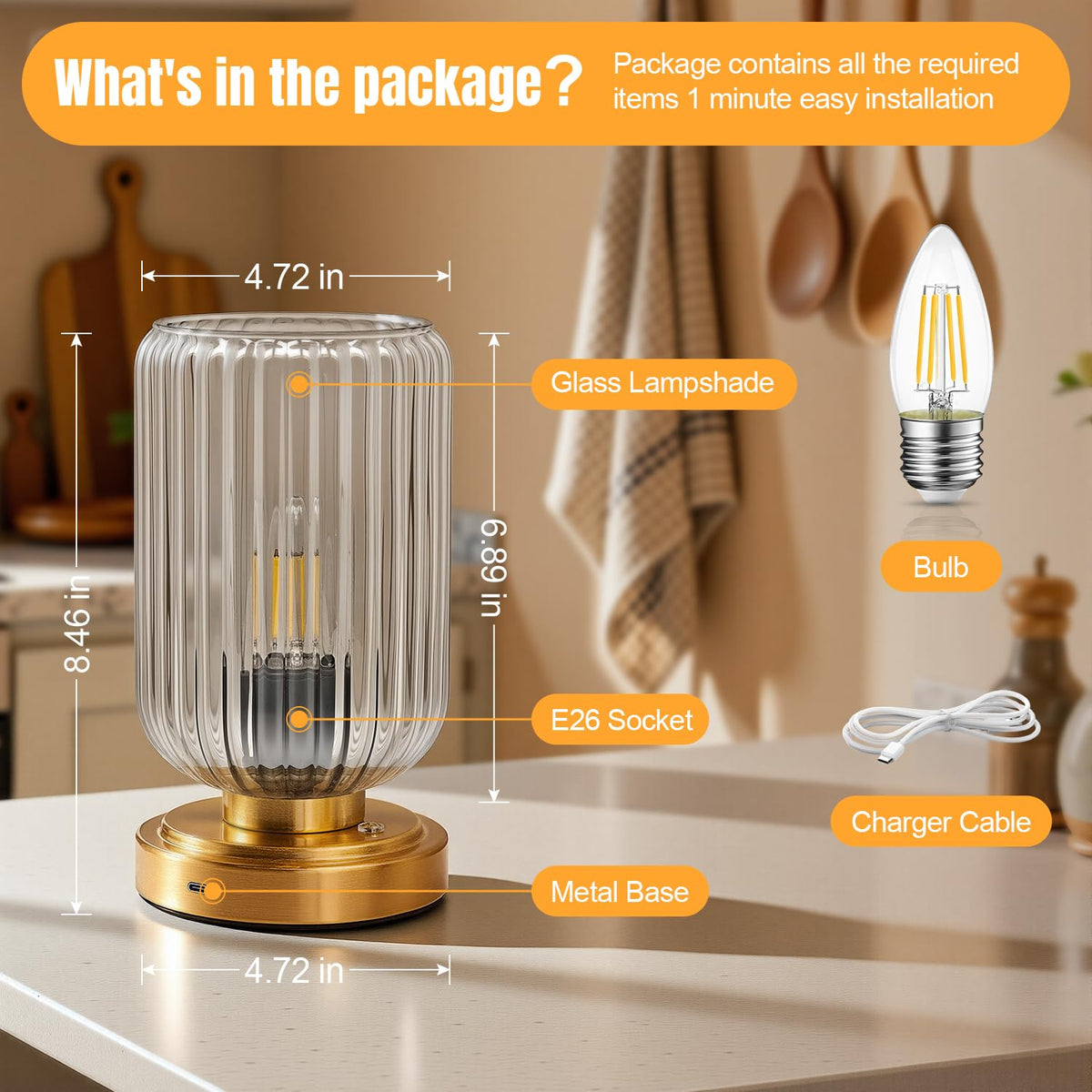 Cordless Table Lamp, Touch Stepless Dimmable