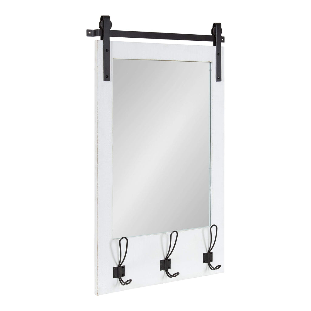 Cates Rustic Wall Mirror with Hooks, 18 x 28, White, Farmhouse Wall Decor with Function