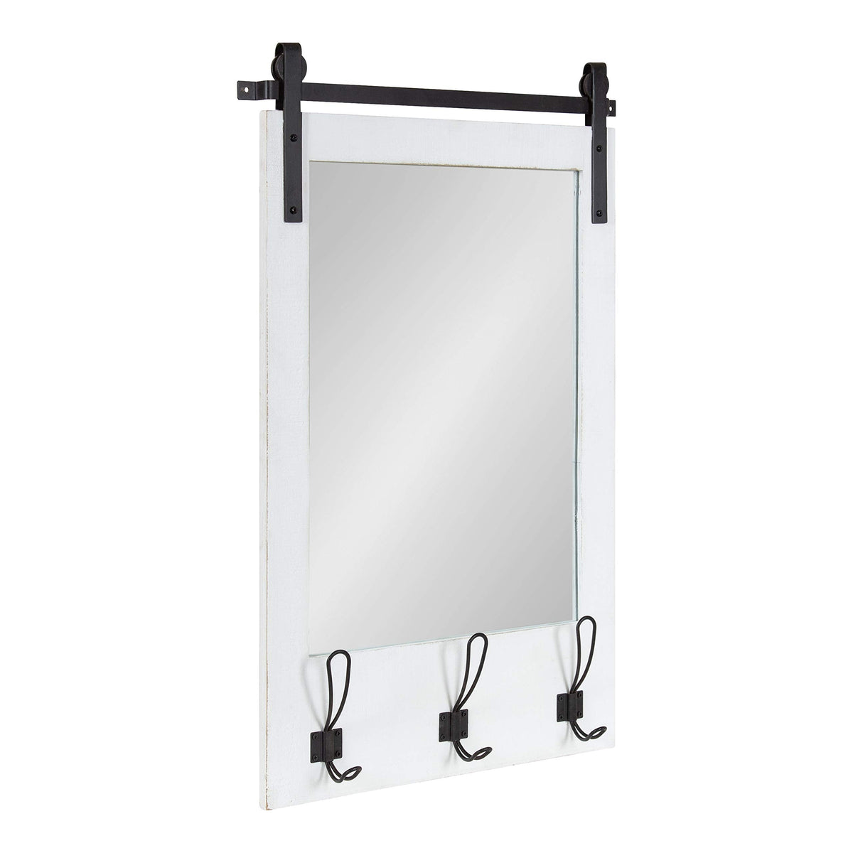 Cates Rustic Wall Mirror with Hooks, 18 x 28, White, Farmhouse Wall Decor with Function