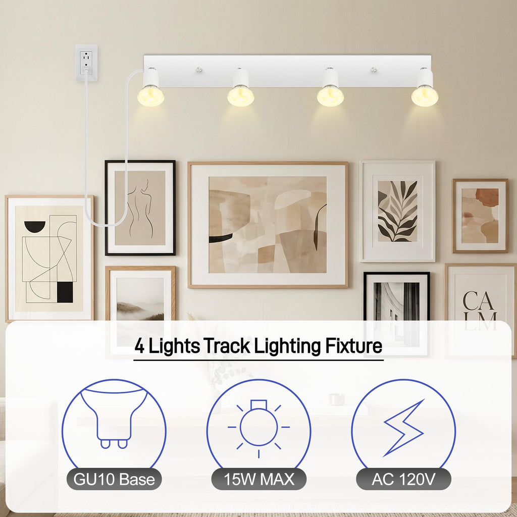 Plug in Track Light, White, 23", 4 Way GU10 Track Ceiling Lighting